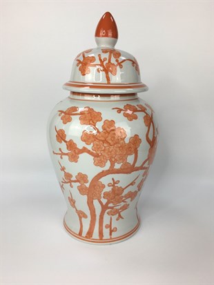 Fancy - Ceramic White Orange Cherry Kapakli Vazo