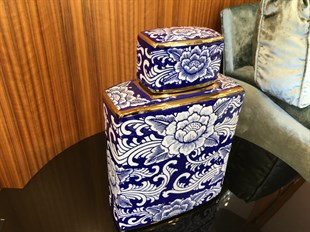 Fancy Lıdded Jar Porcelaın Whıte/Blue 30H